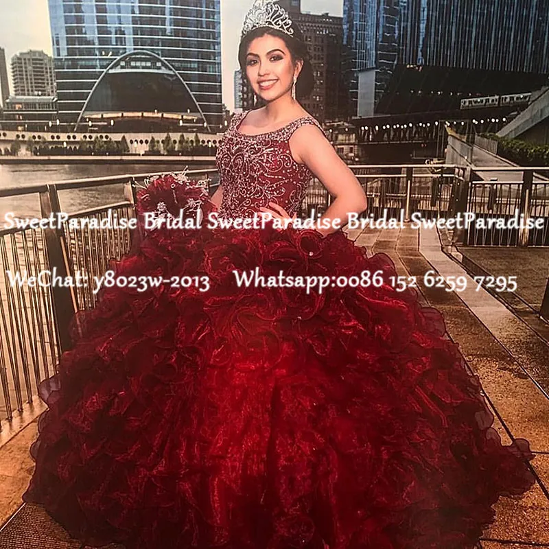 

2020 Цвет Бургунди, искусственная кожа, с бусинами, каскадные оборки, бальное платье, милое 16 платье, платье для выпускного вечера, 15 лет