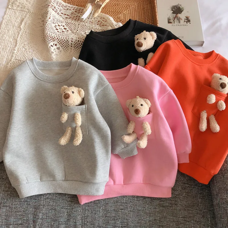 

2020 Autumn Winter New Arrival Girls Fashion Bear T Shirt Kids Candy Color Warm Fleece Tops Kids Clothes