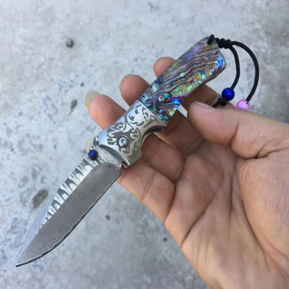 Складной нож дамасское лезвие желтая ручка из сандалового дерева выживание