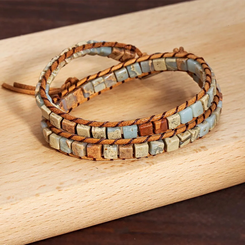 Boho Trendy Handmade Adjustable Multilayer Leather Bracelet Women Multi-color Natural Emperor Stone Bead Jewelry Chakra | Украшения и