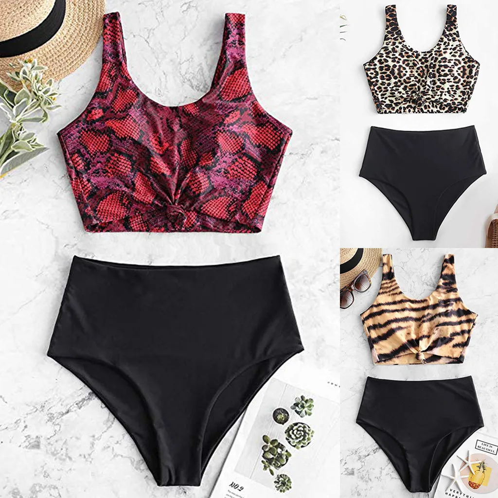 Сексуальное бикини с леопардовым принтом бандо майка из змеиной кожи купальник