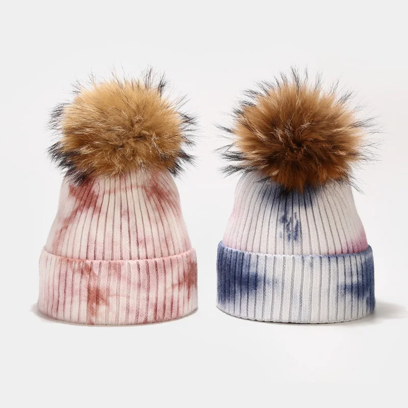 

2020 Fashion Tie Dyed Knit Hat Winter Warm Women's Beanies 100% Raccoon Fur Pompom Detachable Hat Female Ladies Skullcap Bonnet