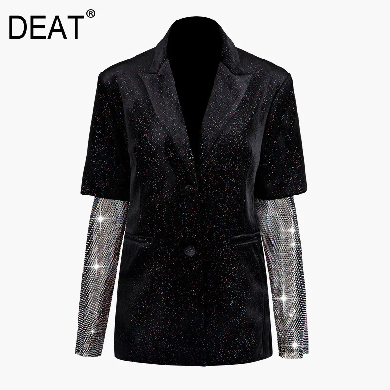 DEAT черный длинный рукав однобортный блестящие стразы рукава Блейзер Femme простая