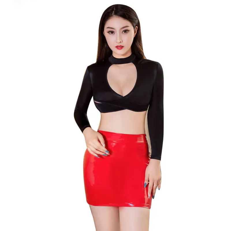 Пикантная блестящая мини-юбка из искусственной кожи обтягивающая юбка-карандаш