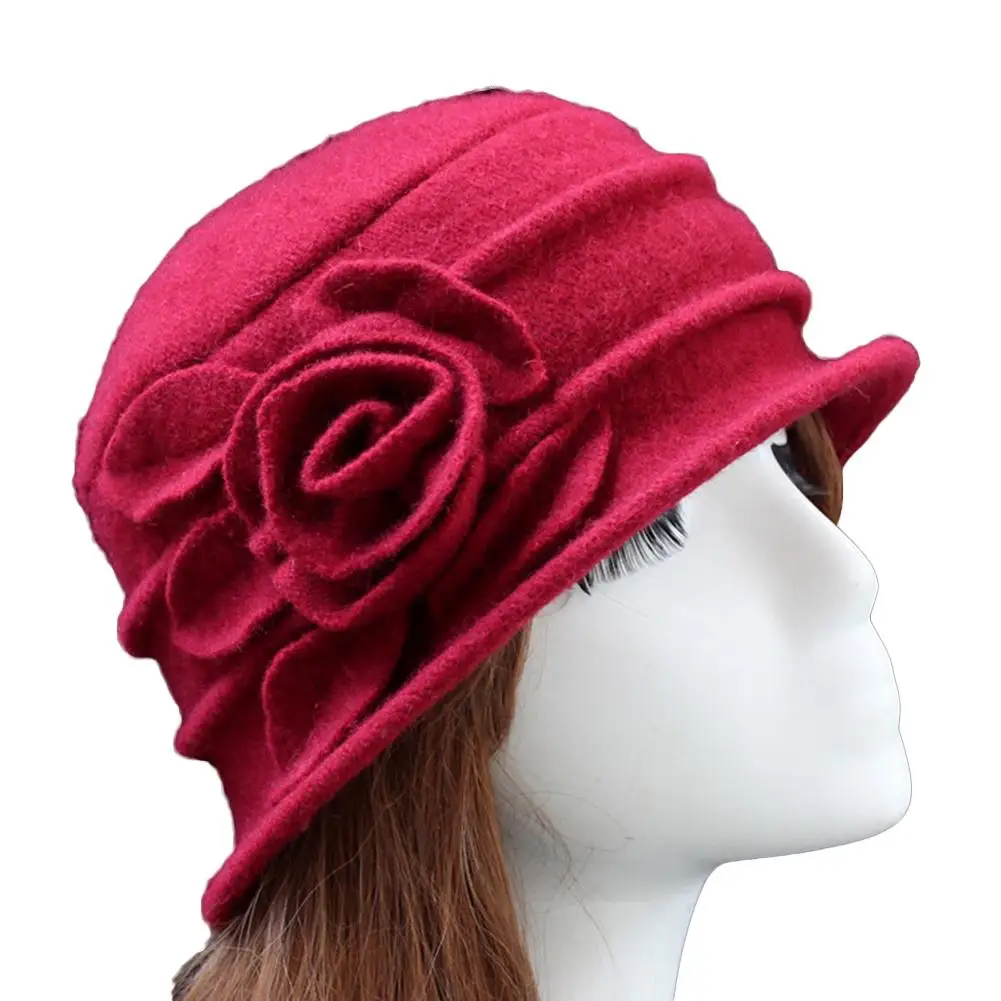 Sombrero Flapper de lana para mujer, gorro de flores, sombreros de cubo de cúpula Floral, sombreros cálidos de otoño e invierno, sombreros Vintage para niña Ch