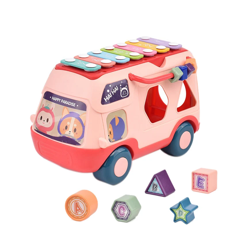 

Shape Sorter with Five Colorful Shape Blocks Shape Sorter Toys for Toddlers Building Block Bus Knock on Piano Toy