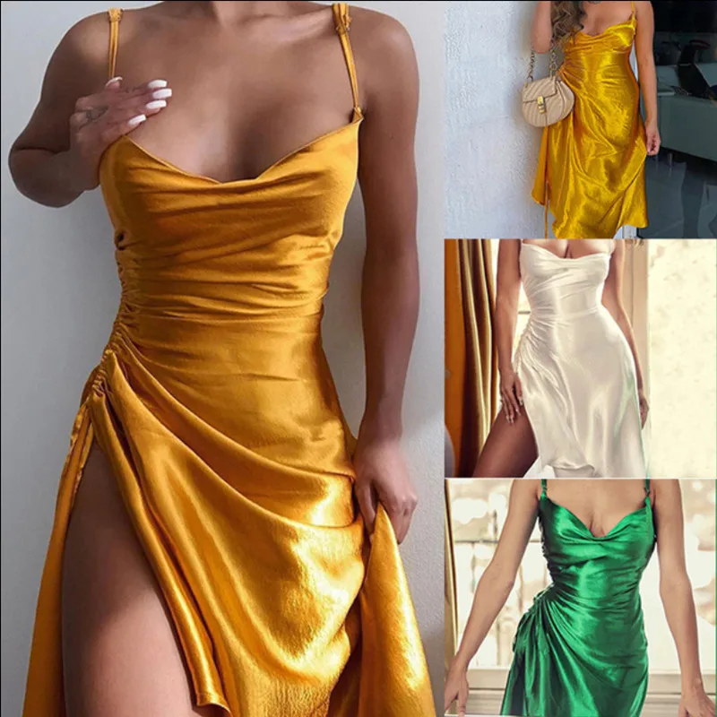 

2021 Summer Satin Side Split Ruched Women's Dress Sleeveless Square Collar Party Dresses Solid Elegant Clubwear Evening Vestidos