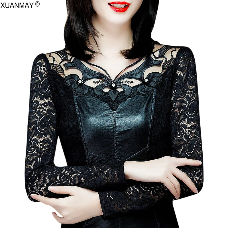 Осень женская кружевная шифоновая вязаная вершина корейской искусственной кожи