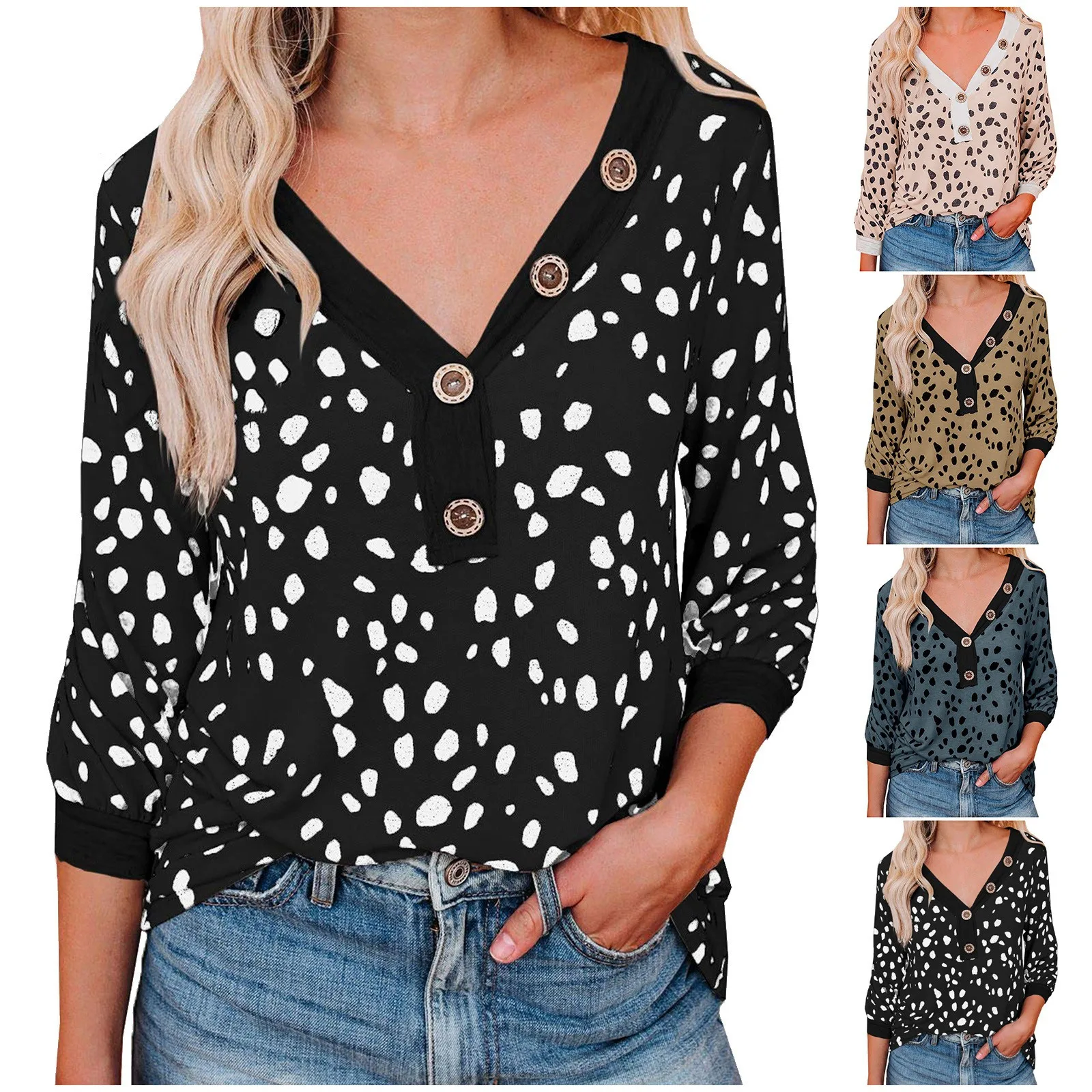 

V-neck Pullover Coat Fashion Women V-neck Buttons Decoration Spotted Leopard Print Sweatshirt Top Casual Loose Fashion Jumper#Q