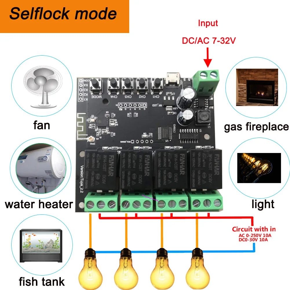 4CH WiFi Relay Smart Momentary Switch Module Inching Self-locking Tuya Life APP Remote Control Work with Alexa Google Home | Электроника