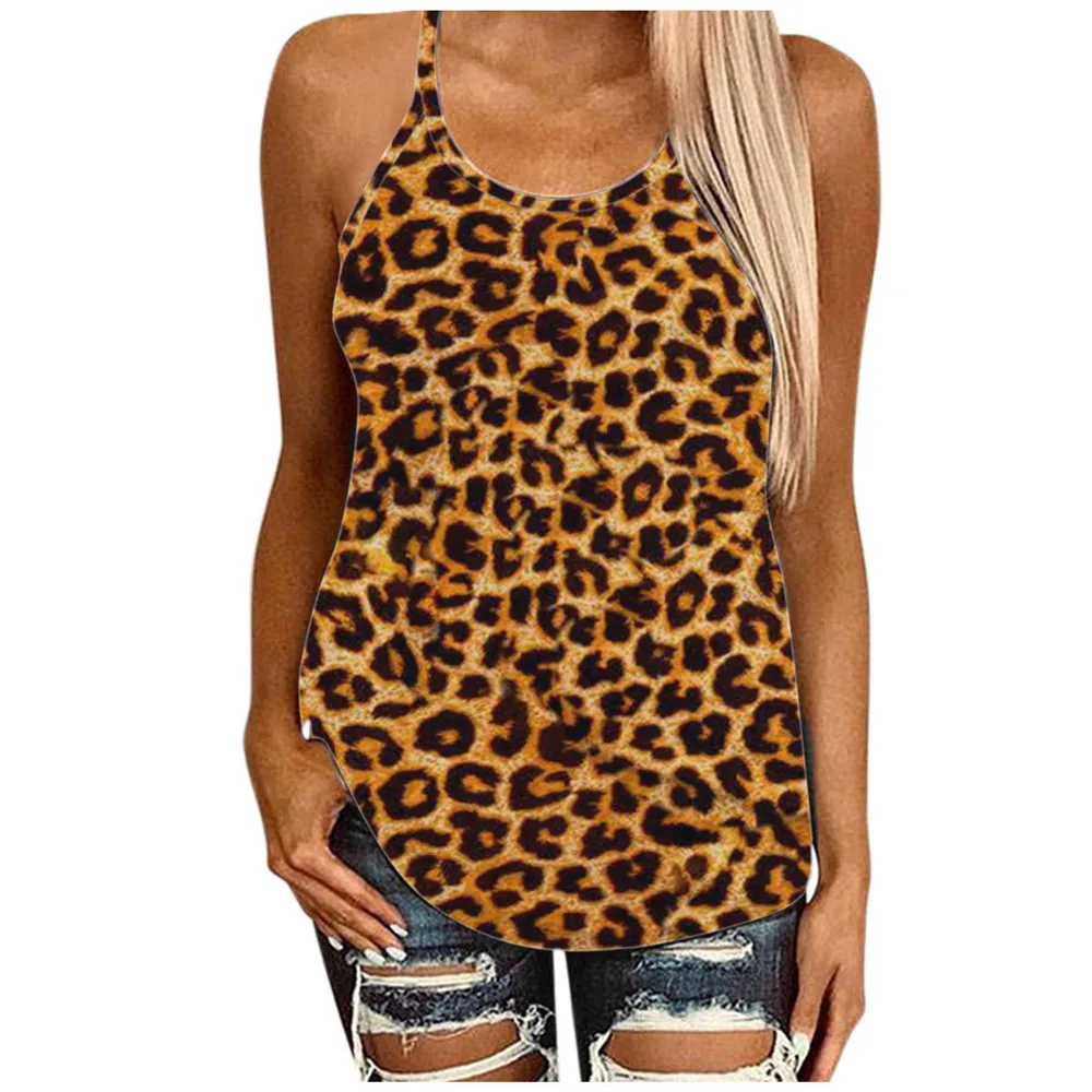 

Футболки для женщин 2021 летние сексуальные с выбитым принтом леопардовые с О-образным вырезом без рукавов с открытой спиной Женские топы жен...