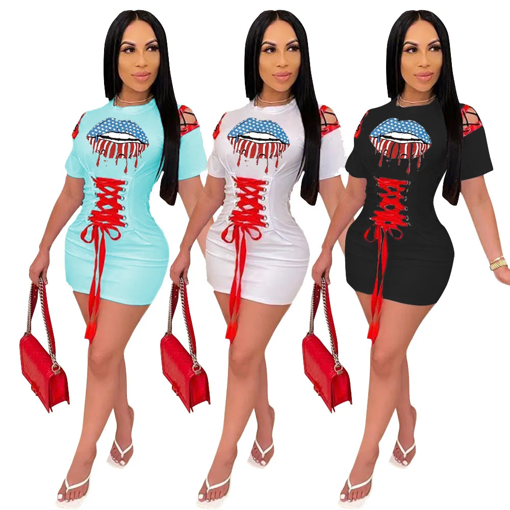 Женское платье на шнуровке с принтом губ Adogirl облегающее мини коротким рукавом и