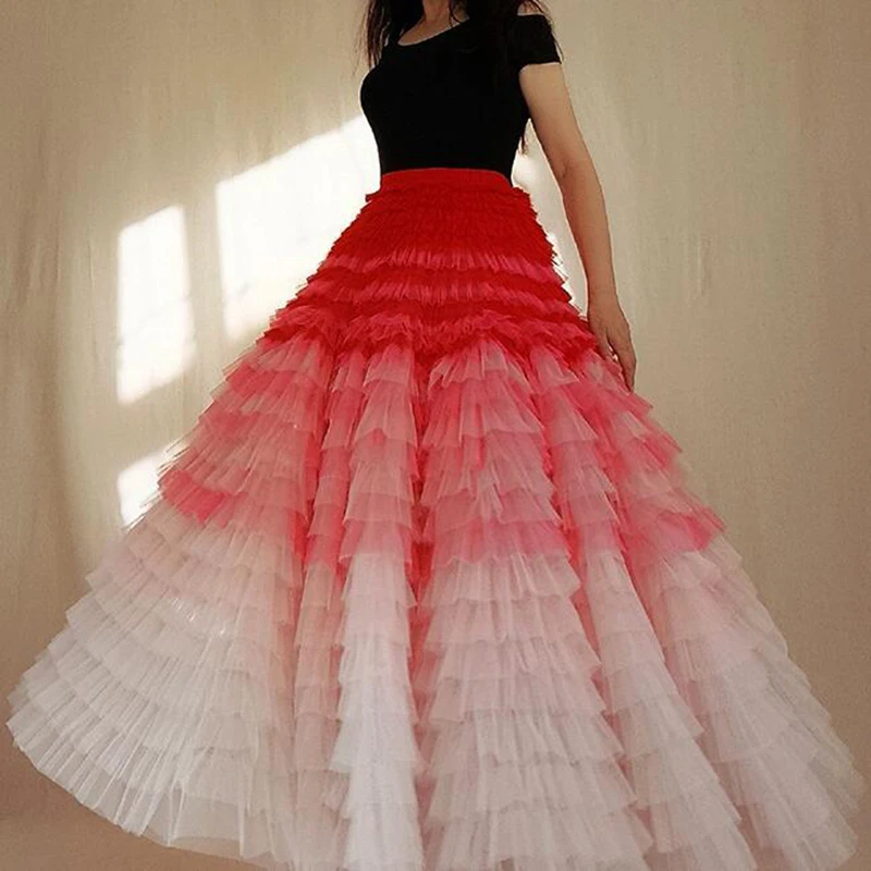 Женская длинная фатиновая юбка розовая с многослойными оборками эластичная