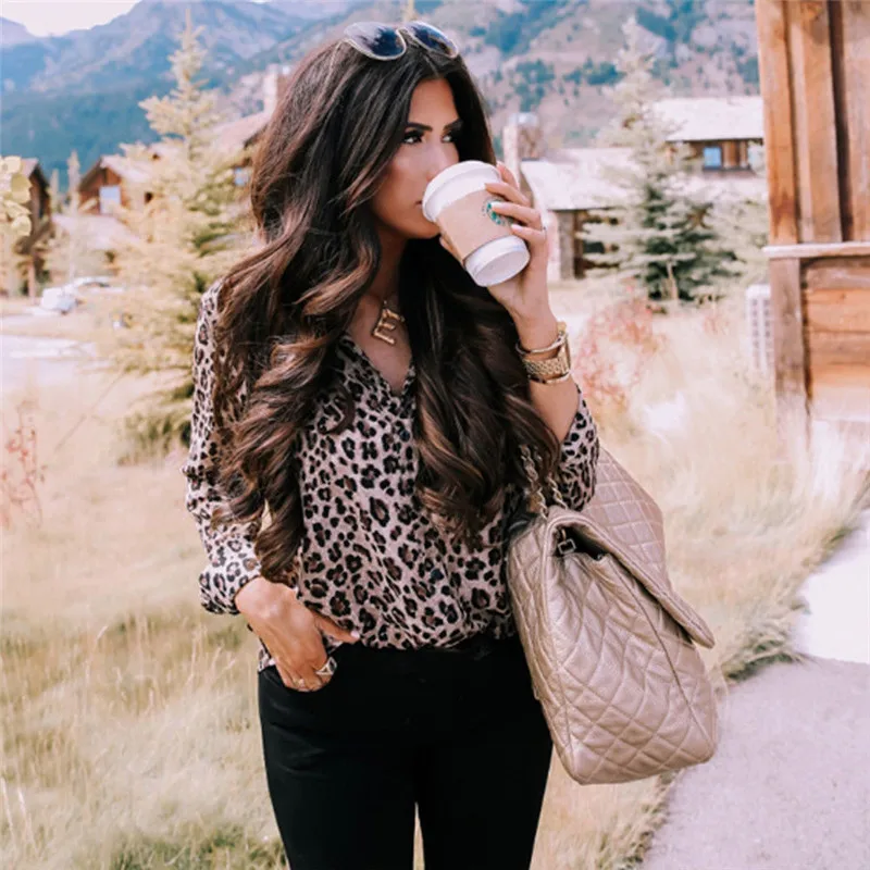

2020 Autumn New Fashion Work Women Long Sleeve Leopard Blouse Ladies Office V Neck Print Chiffon Shirt Party Elegante Plus Size