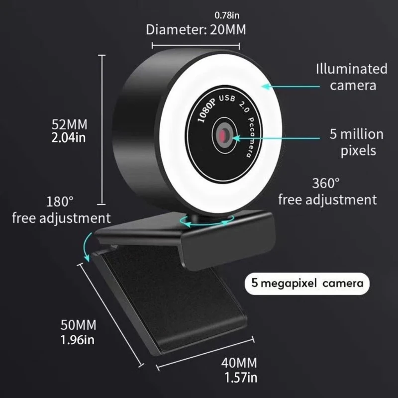 

67JA Web Camera Auto Focus Ring Beautify Fill-in Lighting Full 1080P Live Broadcast Video Webcam with Microphone USB PC La