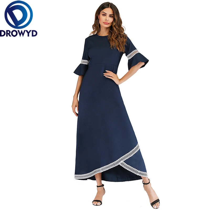 

Snordic Vintage Maxi Blue Dress Fashion 2020 Women Spring Boho A-line Short Sleeve O-neck Loose Party Long Dress Vestidos DROWYD