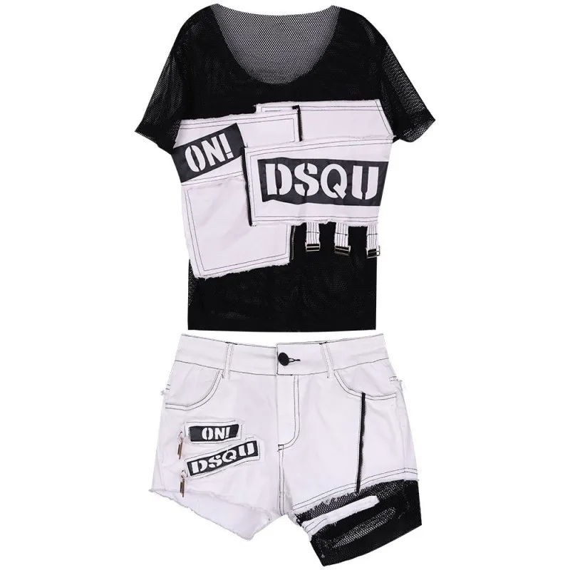

Summer Casual Two Piece Set Women Street Short Sleeve Perspective Mesh Pullover T-Shirt Tops Patchwork Sexy Hotpants Mini Shorts
