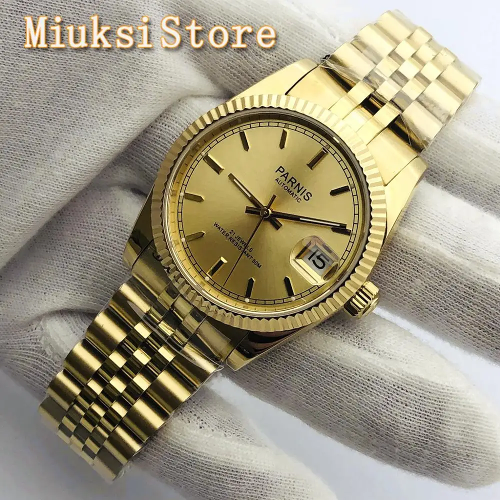 Женские Классические Механические часы Parnis 36 мм золотой чехол с сапфировым