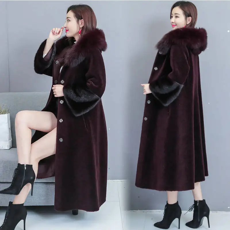 

Lugentolo Long Faux Fur Coat Women Winter Fashion New with FurTrim Hood Single Breasted Wide-waisted Warm Fur Jacket