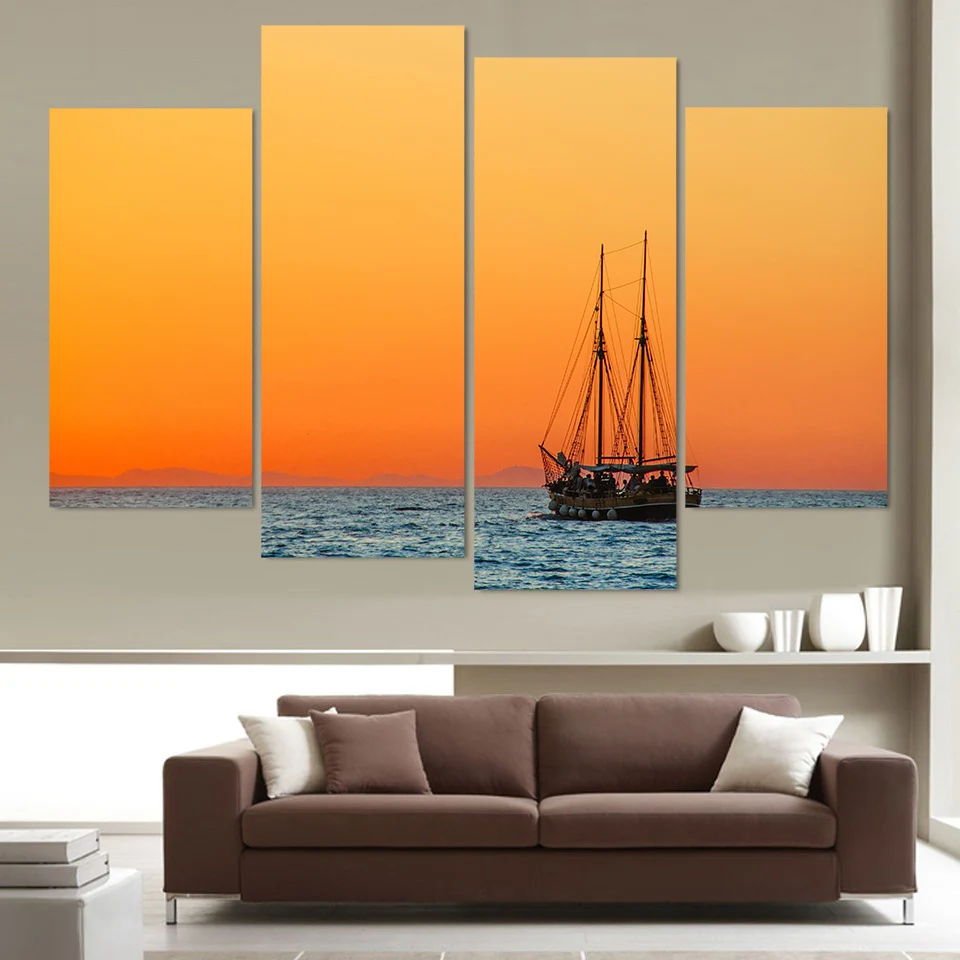 

Posters Wall Art 4 Pieces Sailing Boat Sunset Scenery Modern Hd Frameless Canvas Painting Pictures Home Decor for Living Room