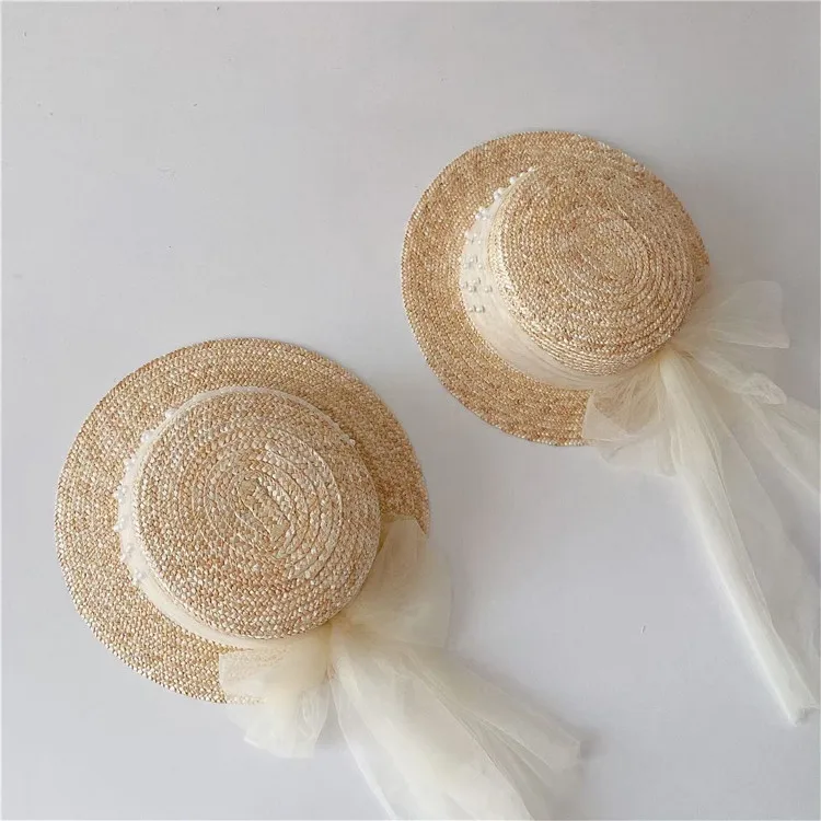 

202105-lele new summer handmade straw pearl long lace ribbon children girl fedoras cap KIDS jazz panama hat