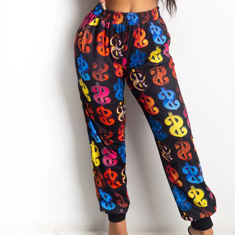 

hirigin Women Ladies Autumn Casual High Waist Trousers Female Personality Dollar Sign Print Elastic Beam Feet Pants