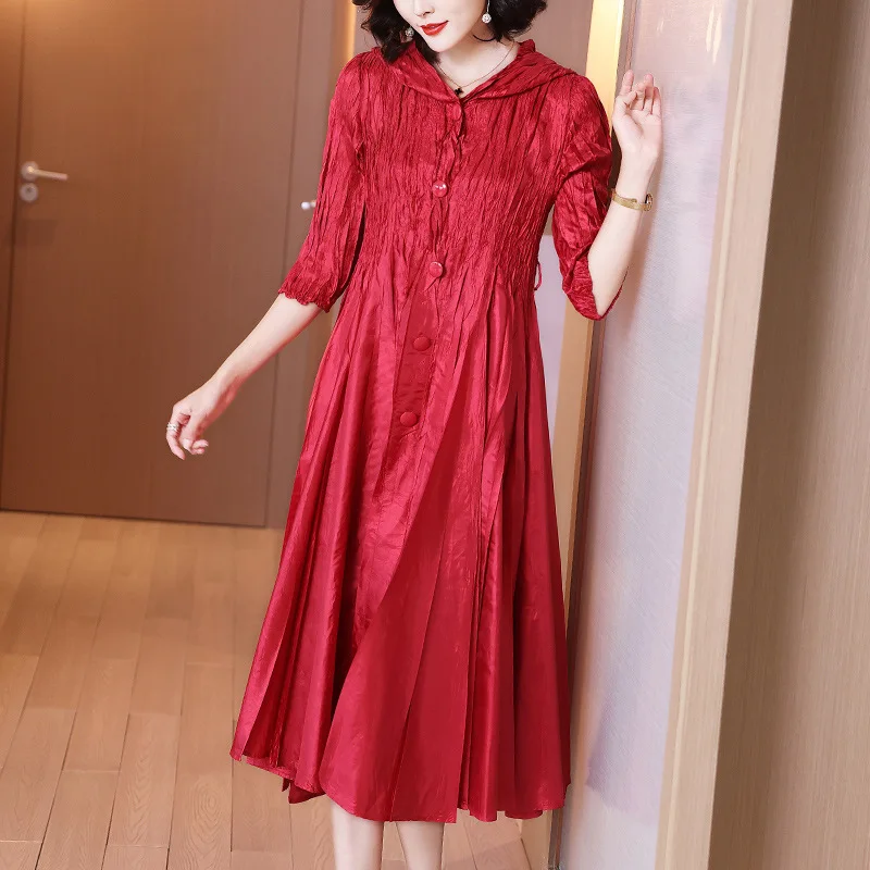 

2021 Spring And Autumn Office Lady A-line Hooded Long Dress Plus Size Pleated Dress