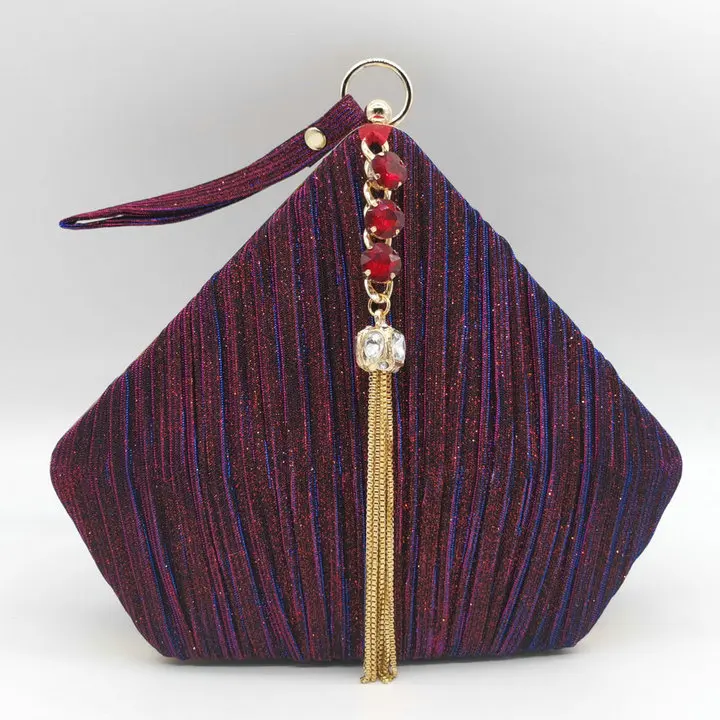 Boutique De FGG Пентагон женские Сатиновые вечерние сумки кристалл кисточкой клатч Сумки Свадебная вечеринка коктейль Minaudiere кошельки сумка - Цвет: Wine Red