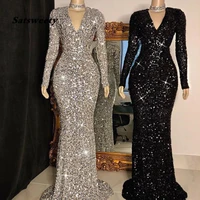 sexy long mermaid prom dresses 2022 v neck long sleeve sequins satin african women black girl prom gowns for party