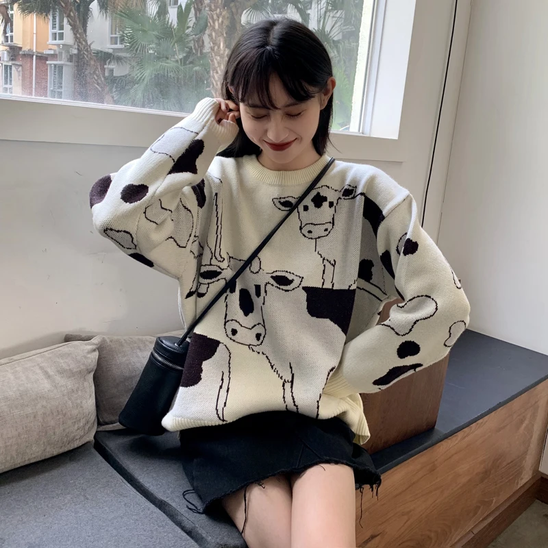 Merry Pretty Vintage Casual Lazy Cow Sweater Female Korean Harajuku Sweaters Japanese Kawaii Cute Ulzzang Jumpers Drop Ship | Женская