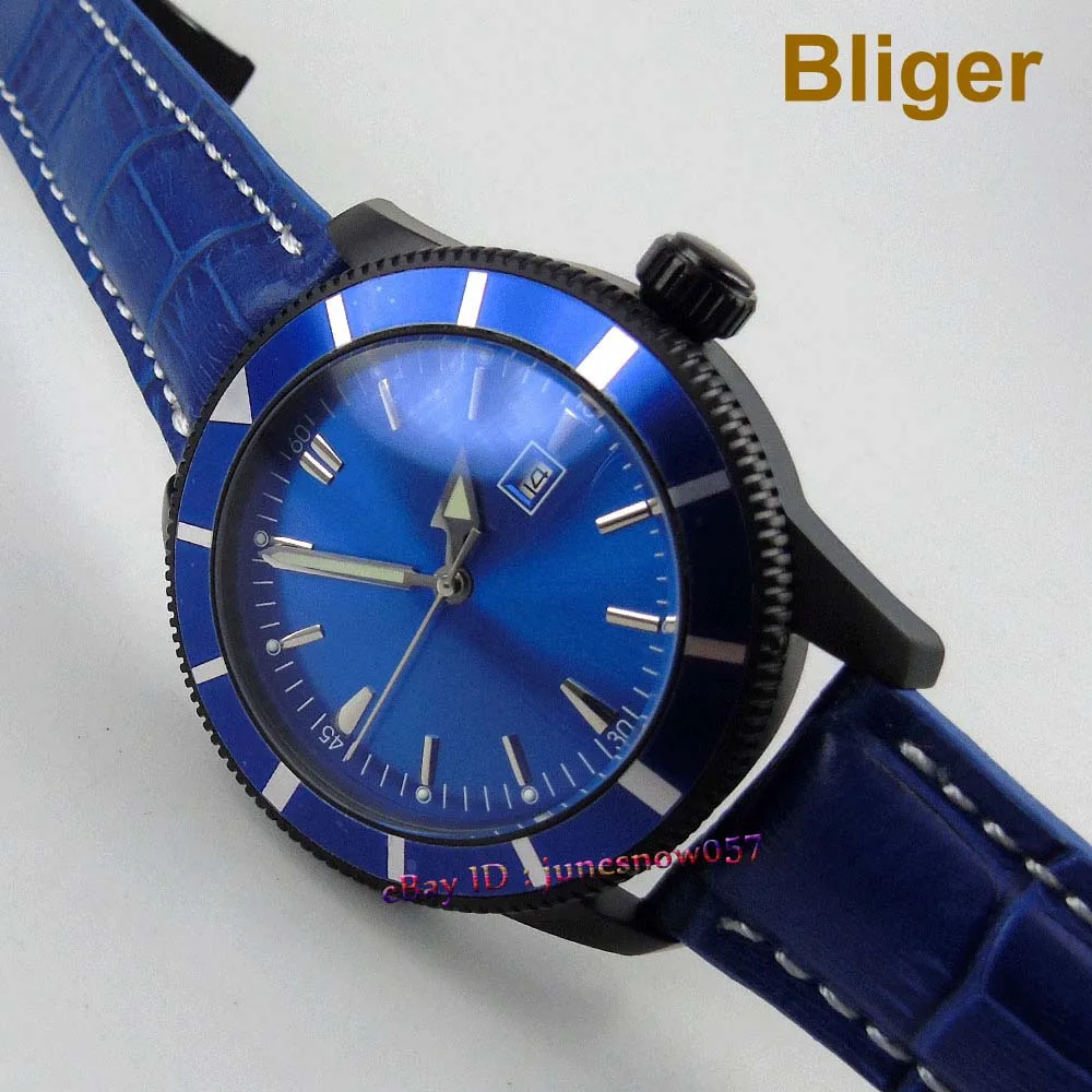 

Bliger 46mm blue sterial dial date blue bezel luminous black PVD case deployant clasp Automatic men's watch