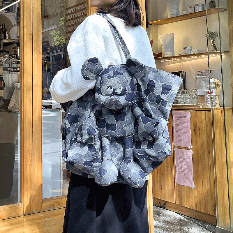 

Women Bag Cute Big Bear Denim Shoulder Bag Fashion Brand Designer Travel Handbags Female Shopper High Capacity Canvas Tote Bag