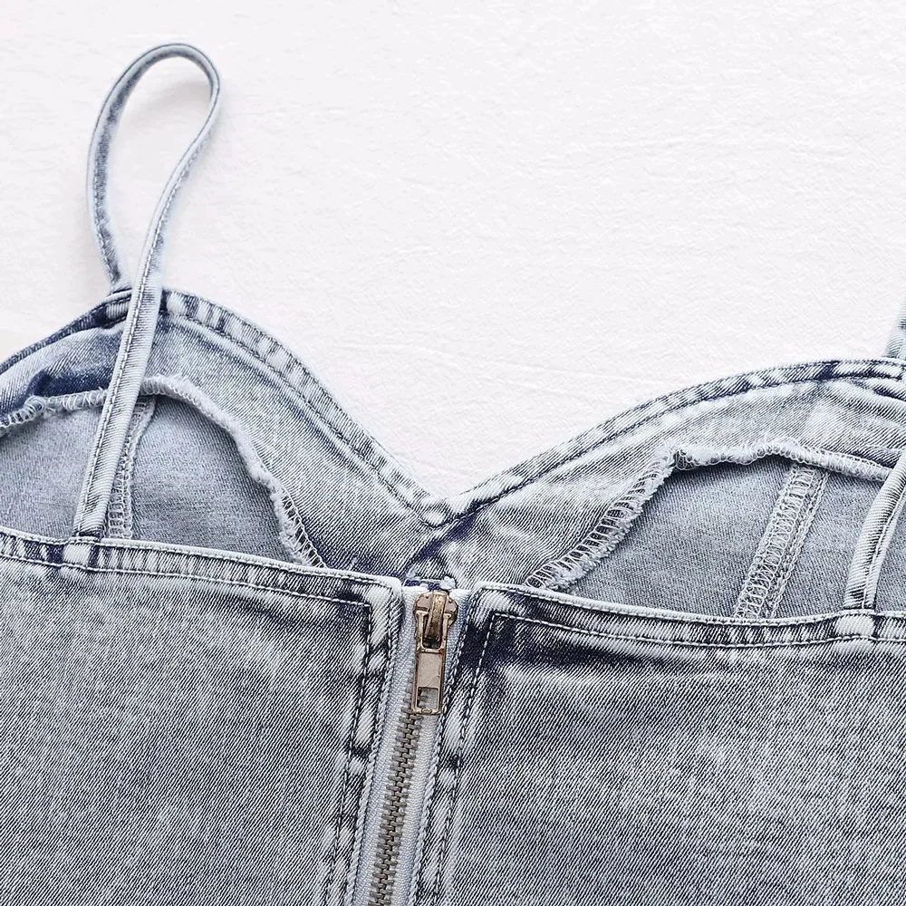 

European American Fashion Bow Snowflake Denim Tube Top Ins Style Sexy Skinny Washed Camisole With Zipper Cropped Top Streetwear