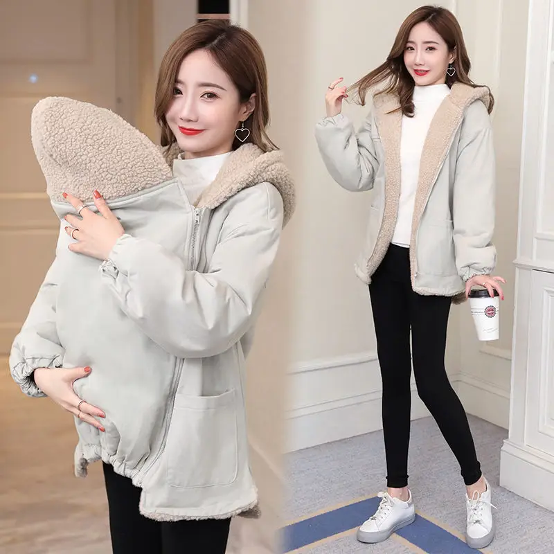 Maternity Winter Coat Long-sleeved Maternity Kangaroo Coats Pregnant Loose Fashion Plus Velvet Baby Carrier Hooded Jacket M-3XL