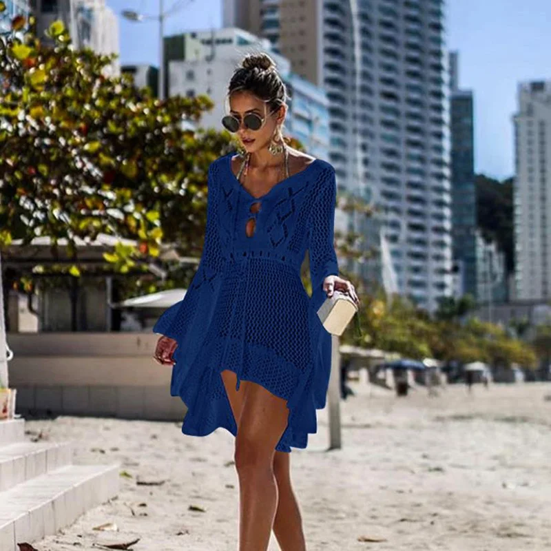 

Summer Beach Bikini Cover Up Women White Deep V sexy trumpet sleeve cutout Loose Tops Casual Fringed Shirt Swimwear Beachwear