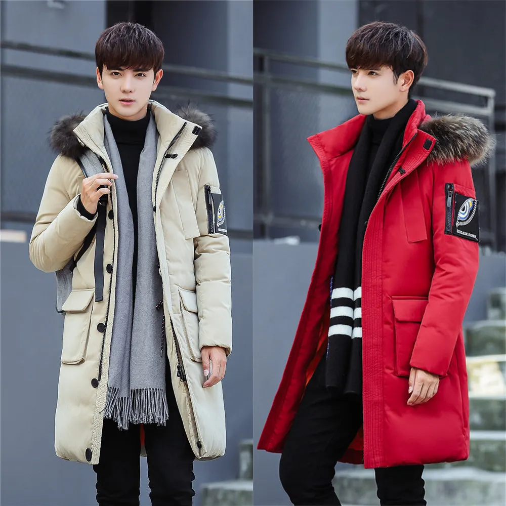 Man Winter Fashion Casual Long Thickening Warm Slim Large Size White Duck Down Jacket Upscale Boutique Detachable Hat Down Coat