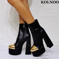 kolnoo new handmade ladies chunky heel boots gold cap toe platform ankle booties real pictures evening club fashion black shoes