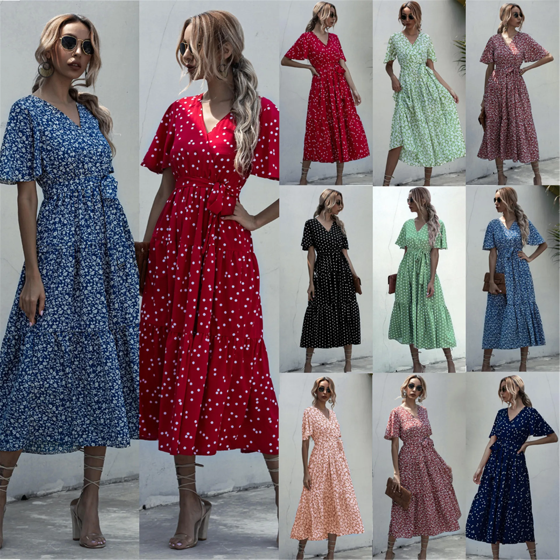 

Summer 2020 Casual Floral Print Women Dress A-line V-neck Midi Dress Short Sleeve Sashes Beach Sundresses Vintage Femme Robe