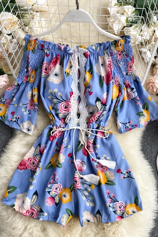 

Vacation bohemian floral printed jumpsuit women 2020 summer elegant ruffles lace patchwork chiffon playsuit