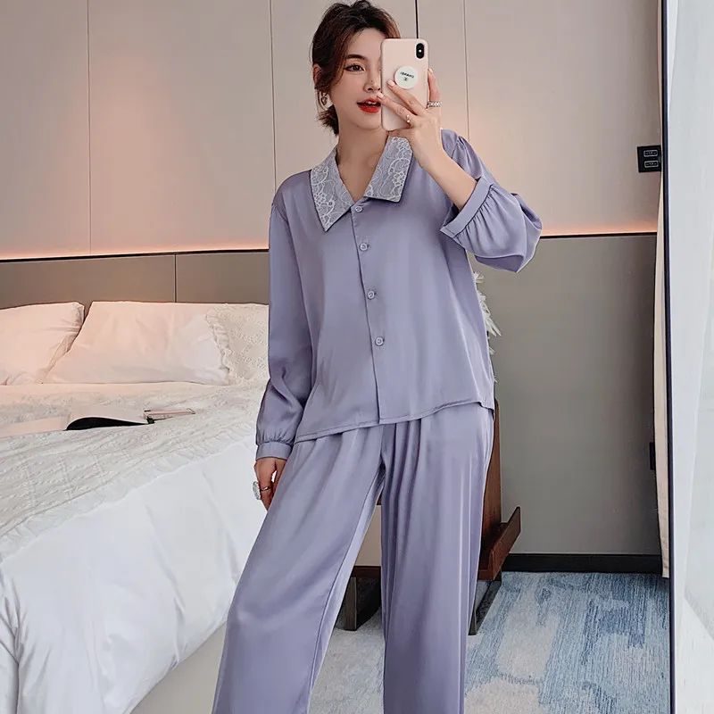 

Pyjamas Women Spring Summer Daily Concise Homeweaer Sweet Silk Satin Pajamas Suits 2PCs Femme Can Be Worn Outside Cardigan Style