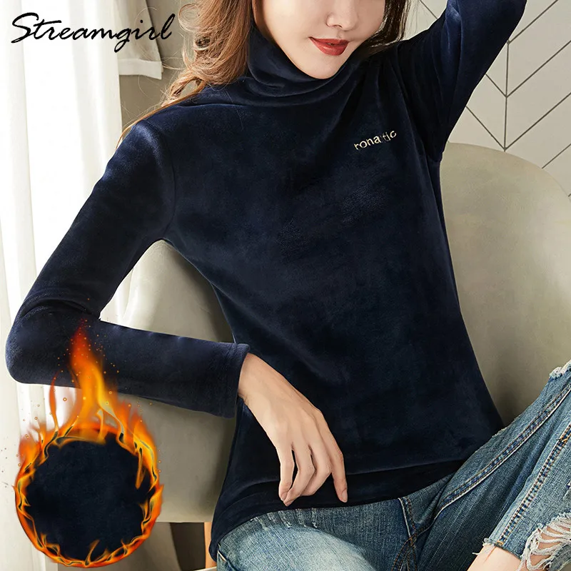 Navy blue Зимняя флисовая рубашка с длинным рукавом, Женская бархатная футболка, водолазка, женская зимняя теплая футболка с длинным рукавом, ФЛИСОВАЯ ФУТБОЛКА - Цвет: Navy blue