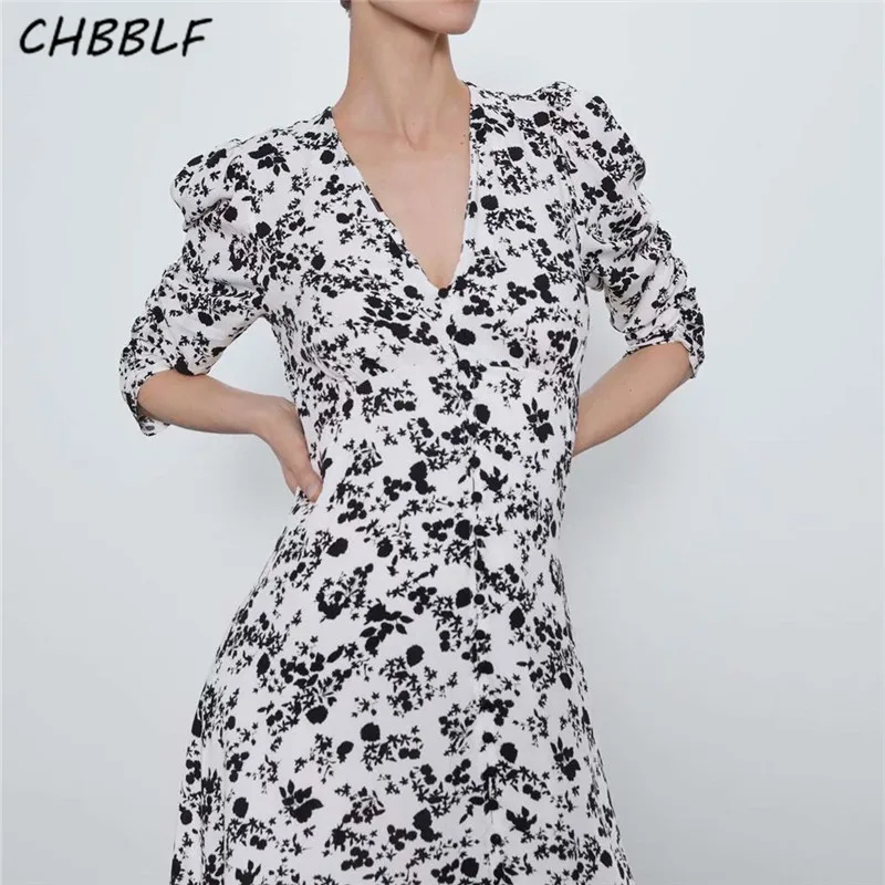 

CHBBLF women retro print maxi dress V neck elastic waist three quarter sleeve female casual ankle length dresses vestido XDN9419