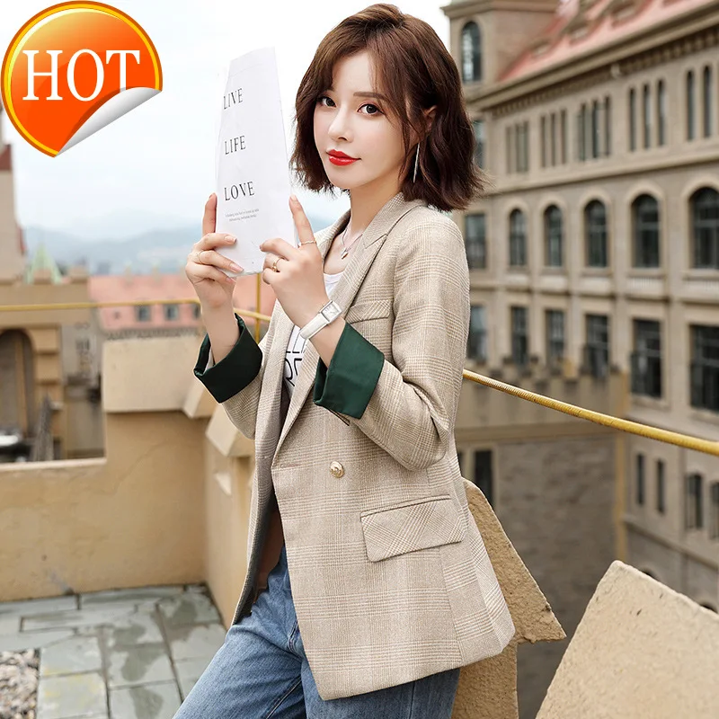 

Pink plaid capable handsome small suit jacket 2020 autumn winter New Women's Business wear fashion slimming suit