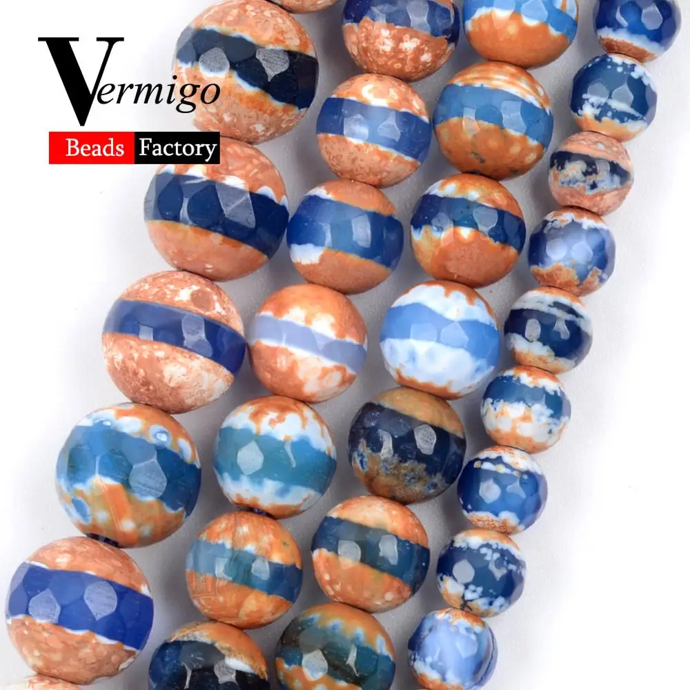 

Natural Stone Beads 6-10mm Faceted Blue Stripe Tibetan Dzi Agates Round Loose Beads For Jewelry Making Diy Bracelet Accressories