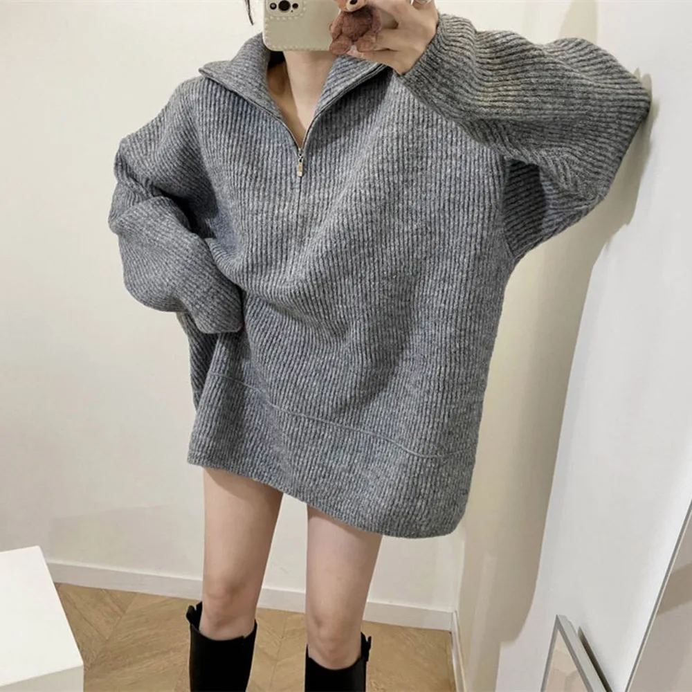 

2021 Korean Fashion New Autumn Winter Womens Dress Solid Color Knitting Thicken Warm Zipper Loose Casual Simplicity Dress