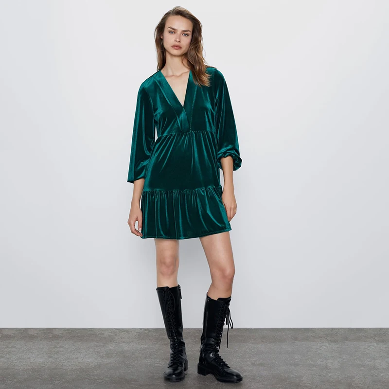 Женское бархатное платье рубашка ZA темно зеленое Свободное с v образным вырезом