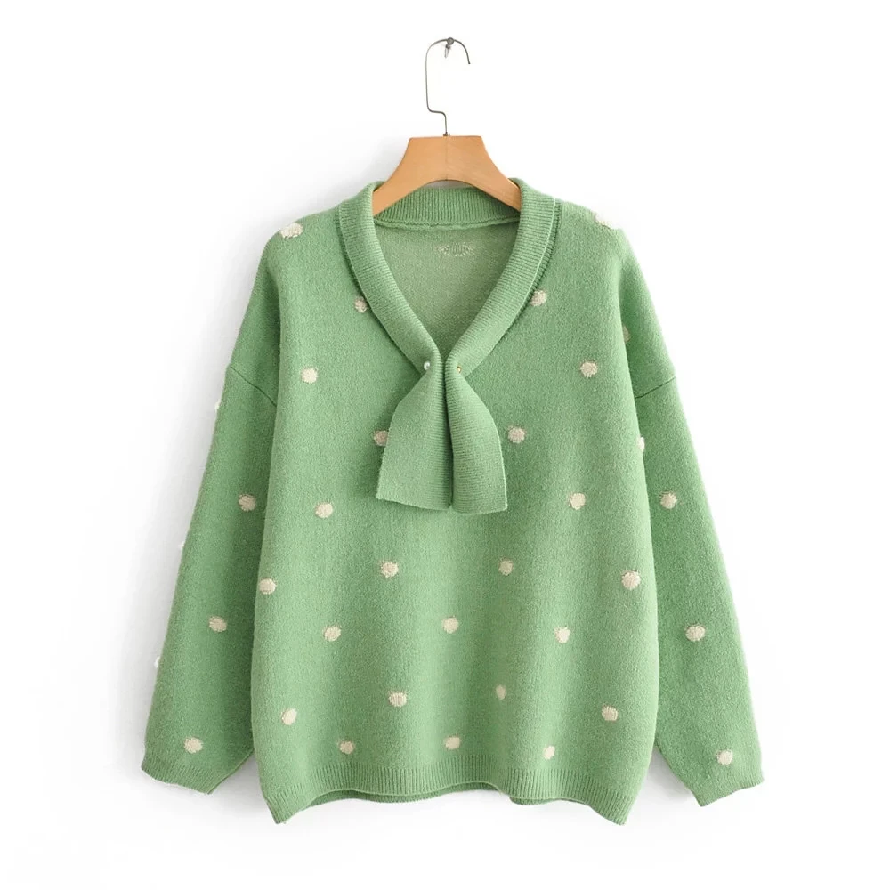 HF19172 Green H.SA Women Winter Sweaters Long SLeeve Crew Neck Pink Pullover and Sweater Polka Dots Bow Sweaters Kawaii Knitwear Tops - Цвет: HF19172 Green