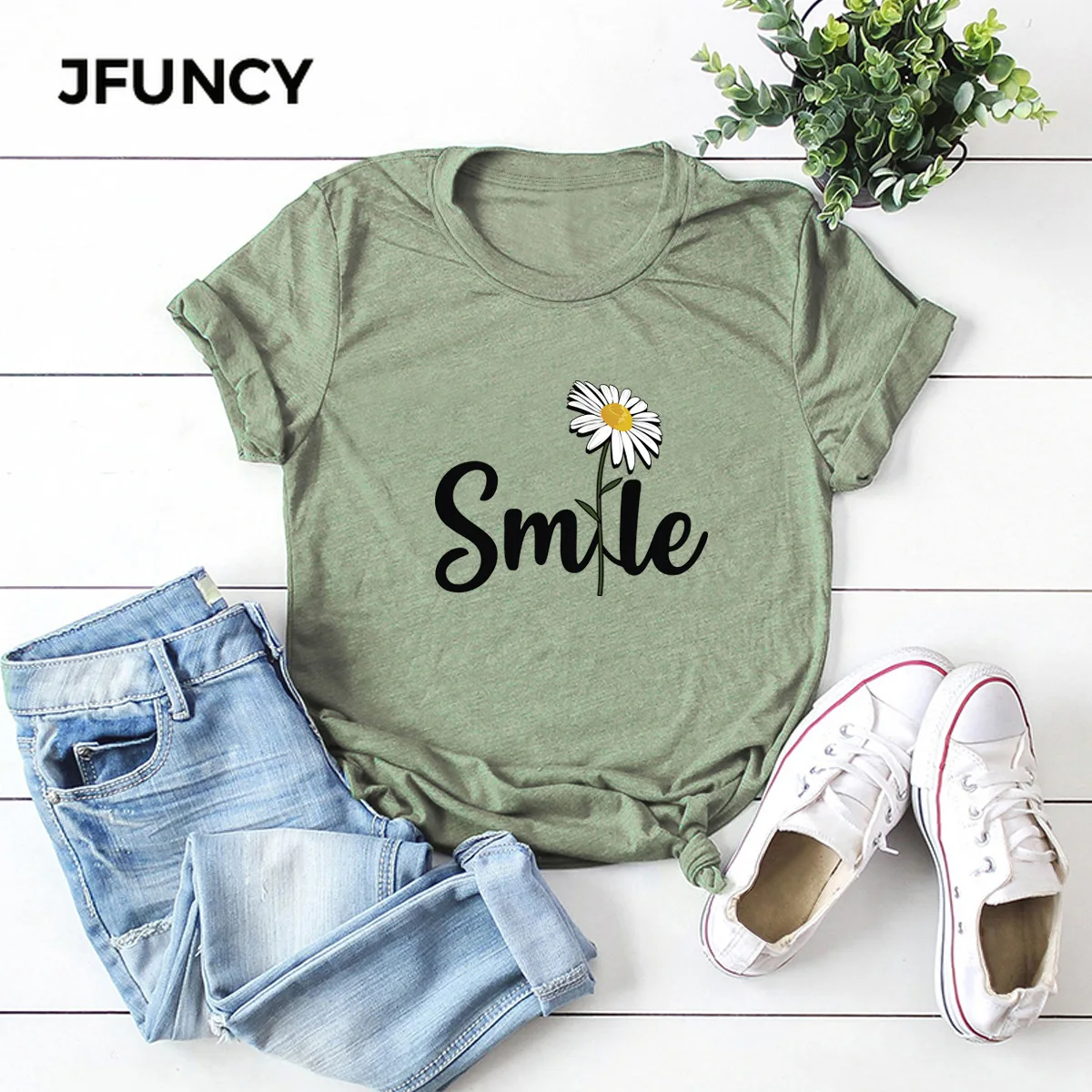 JFUNCY  Women Tops Cotton T-shirt Summer Short Sleeve Oversize Tshirt Flower Smile Print Casual Loose Female Tee Shirts