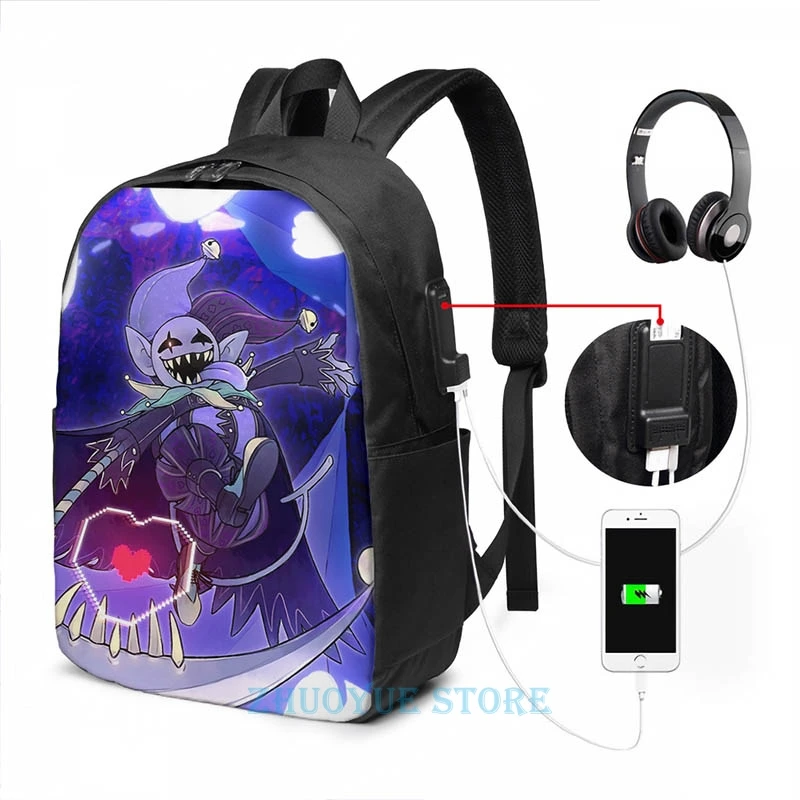Забавный графический принт рюкзак Deltarune Jevil с USB зарядкой мужские школьные сумки