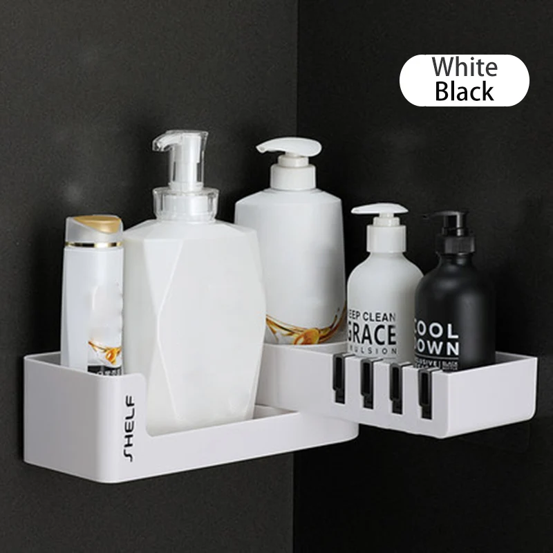 White and Black Полка для ванной комнаты, угловой держатель для хранения, полки, органайзер, вращающийся настенный держатель для ванной, аксессуары для ванной комнаты, держатель для шампуня - Цвет: White and Black